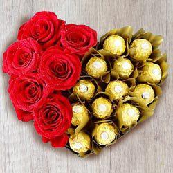 Wonderful Heart Shaped Arrangement of Ferrero Rocher with Roses to Karunagapally