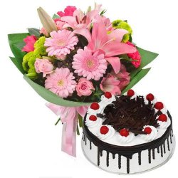 Lip Smacking Black Forest Cake N Twelve Mixed Flower Bouquet