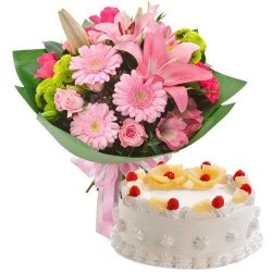Gorgeous Mixed Flowers Hand Bunch & Pineapple Cake Gift