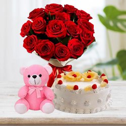 Zesty Pineapple Cake with Small Teddy & Red Roses Hand Bunch