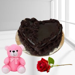 Exotic Hearth Shape Chocolate Cake with Red Rose N Teddy