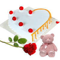 Mesmerizing Heart Shape Vanilla Cake with Teddy N Red Rose