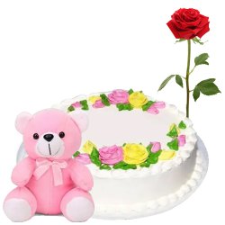 Extra Creamy Eggless Vanilla Cake with Teddy N Single Rose