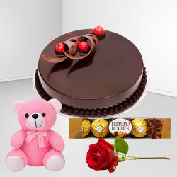 Top Quality Chocolate Cake with Ferrero Rocher Teddy N Red Rose