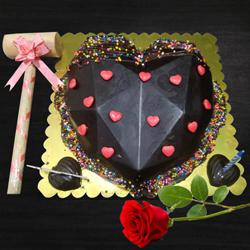 Enticing Heart Shape Chocolate Hammer Cake with Single Red Rose