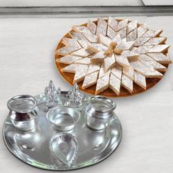 Silver plated  Puja Thali with Silver Plated Lakshmi Ganesha with Haldirams Kaju Katli to Sivaganga