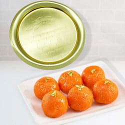 Pure Ghee Laddu from Haldiram with Golden Plated Thali to Lakshadweep