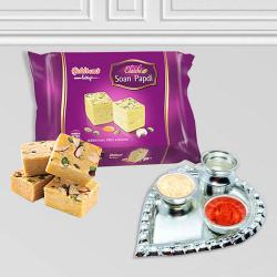 Silver Plated Paan Shaped Puja Aarti Thali (weight 52 gms) with Soan Papdi from Haldiram to Alappuzha