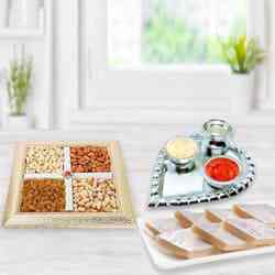 Silver Plated Paan Shaped Puja Aarti Thali (weight 52 gms) with Assorted Dry fruits with Haldiram Kaju Katli to Kollam