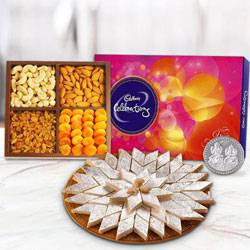 Haldiram Kaju Katli with Dry Fruits and Chocolate Combo with free silver plated coin for Diwali  to Sivaganga