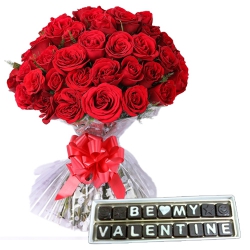 Breathtaking Rose Day Gift Combo of Red Roses Bouquet with Be My Valentine Hand Made Chocolates