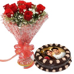 Sublime V-day Gift of Chocolate Photo Cake N Red Roses Bouquet