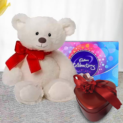 Big White Teddy with Cadbruy Chocolates With Heart Shape Red Tin Box of Handmade Chocolates