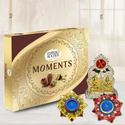 Antique Ganesh Laxmi Mandap with Dot Mandala Art Handmade Diya Set n Ferrero Rocher Chocolate to Diwali-gifts-to-world-wide.asp