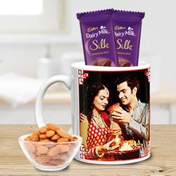 Personalized Coffee Mug with Cadbury Silk Chocolates n Almonds to Muvattupuzha