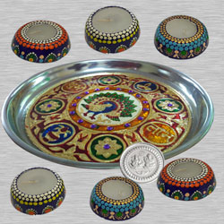 Stylish Diwali Gift of 6 pcs Handmade Diya Set for Decoration in a Meenakari Thali n Free Ganesh Laxmi Coin to World-wide-diwali-thali.asp