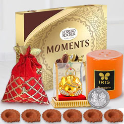 Diwali Gift of Ferreo Rocher Chocolate with Dry Fruits, Aroma Candle n Ganesh Idol