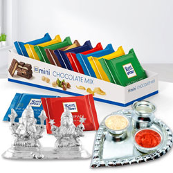 Imported Ritter Sport Chocolates with Auspicious Ganesh Laxmi Idol n Pooja Thali to World-wide-diwali-thali.asp