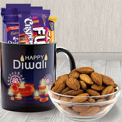 Special Personalized Diwali Greetings Coffee Mug with Assorted Cadbury Chocolates n Almonds to Chittaurgarh