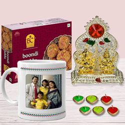 Beautiful Personalized Coffee Mug with Ganesh Laxmi Mandap, Bhikaram Boondi Ladoo n Diya