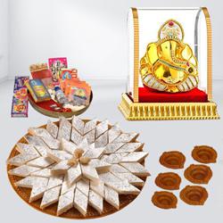 Delicious Kaju Katli with Ganesh Idol n Diwali Pooja Samagri, Free Diya