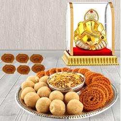 Special Diwali Sweets n Savory Platter from Bhikaram with Silver Plated Pooja Thali n Bowl n Ganesh Idol