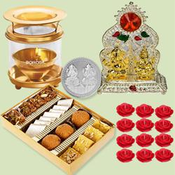 Delicious Diwali Sweets Assortment with Laxmi Ganesh Mandap, Akhand Diya, Candles n Free Coin
