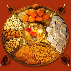 Heavenly Diwali Sweets and Dry Fruits Pooja Thali n Puja Samagri Combo