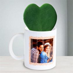 Amazing Hoya Heart Plant in Personalized Photo Coffee Mug with Red Velvet Rose to Hariyana