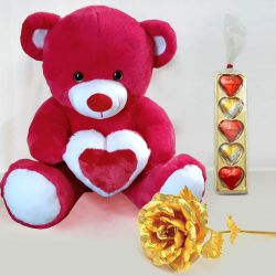 Appealing Gift of Teddy with Chocolate n Golden Rose for Fiancee