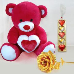 Appealing Gift of Teddy with Chocolate n Golden Rose for Fiancee to Rourkela