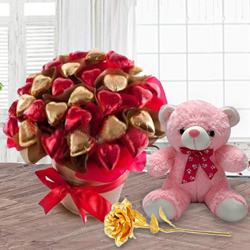 Amazing Gift of Heart Shape Chocolate Bucket with Teddy n Golden Rose for Girlfriend