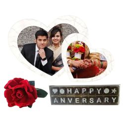 Marvelous Personalized Twin Heart Photo Frame with Handmade Chocolates N Rose
