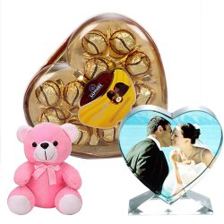 Marvelous Personalized Heart Crystal with Sapphire Chocolate N Cute Teddy to Karunagapally