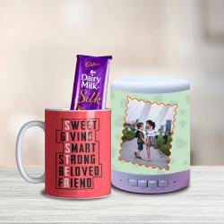 Classy Sister Coffee Mug with Personalized Bluetooth Speaker n Cadbury Silk to Sivaganga