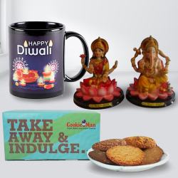 Joyful Personalized Gift of Happy Diwali Black Coffee Mug with Cookies Treat to India