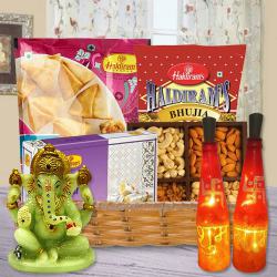 Exciting LED Lighting Subh Labh Bottle Lamp Set with Haldiram Sweets n Snacks, Glowing Ganesh Idol