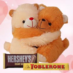 Adorable Hugging Teddy Pair with Hersheys n Toblerone Chocolates
