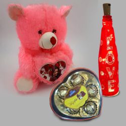 Superb Gift of Teddy with Personalized Heart, LED Light Bottle n Sapphire Chocolate