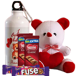 Valentine Selection of Personalized Bottle, Soft Teddy n Assorted Chocolates