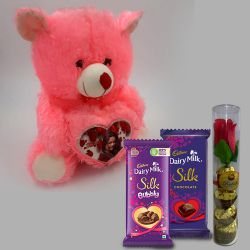 Hearty Personalized Teddy, Rudolf Chocolate with Rose n Cadbury Silk Gift Combo