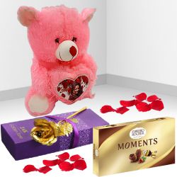 Lovely Golden Rose, Personalized Teddy n Ferrero Moments Gift Combo
