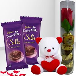 Romantic Gift of Colorful Teddy with Cadbury n Rudolfo Chocolates with Rose