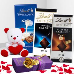Romantic Gift of Colorful Teddy, Golden Rose with Lindt Chocolates
