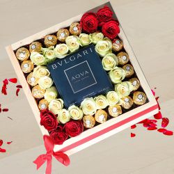 Charismatic Valentine Gift Tray of Ferrero Rocher Chocolates, Art Roses n BVLGARI Perfume