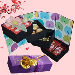 Enthralling 4 Layer Stepper Box of Chocolates with a Golden Rose
