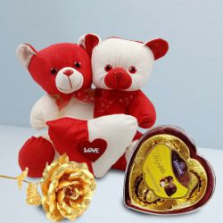 Admirable Twin Body One Heart Teddy with Sapphire Heart Chocolates n Golden Rose