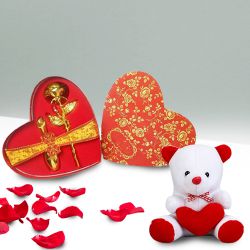 Beautiful Heart Shape Box of Golden Rose and a Teddy with Heart