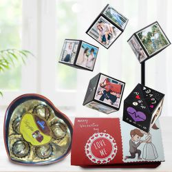 Dazzling Pop Up Box of Personalized Photos with Sapphire Heart Shape Chocolates