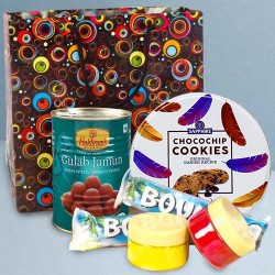Fabulous Holi Gift Bag of Danish Cookies with Gulabjamun n Chocolates